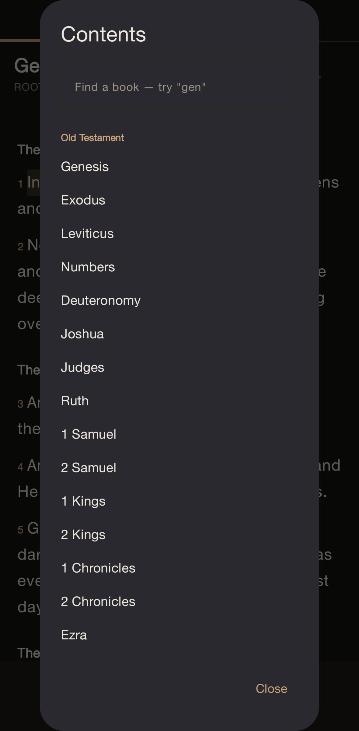 Rooted Bible contents panel listing all sixty-six books grouped by testament, with a search field
