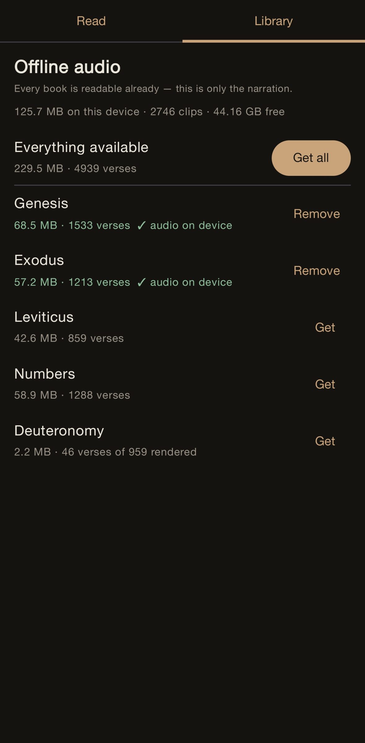 Rooted Bible offline library showing per-book audio downloads with file sizes and a Remove option